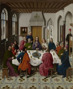 Indsamlingen af manna og påsken (recto venstre), den sidste nadver (midten), mødet mellem Abraham og Melkisedek og Elias, der vækkes af englen (1 Kong 19,5-6) (recto højre). af Dieric Bouts