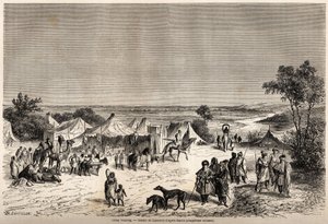 En Touareg-lejr, tegnet af Lancelot, for at illustrere Dr. Henri Barths rejse i 1849-1855 til Afrikas centrum. Indgravering i "" Le tour du monde, nouveau journal des voyages"" Paris
