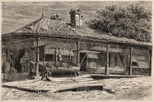 En slagterbutik og et bageri i Bukarest (Rumænien). Gravering til illustration af turen fra Paris til Bukarest af Lancelot, designer, i 1860, i "Le tour du monde, nouveau journal des voyages", udgivet under ledelse af Edouard Charton