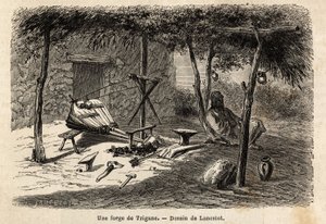 En sigøjner-smedje i regionen Walachia, Rumænien. Gravering til illustration af rejsen fra Paris til Bukarest af Lancelot, tegner, i 1860, offentliggjort i "Le tour du monde, nouveau journal des voyages", under ledelse af Edouard Charton af Dieudonne Auguste Lancelot