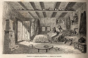 Et hus af ejere bønder, i nærheden af Orezu (Walachia-regionen, Rumænien). Gravering til illustration af rejsen fra Paris til Bukarest af Lancelot, tegner, i 1860, offentliggjort i "Le tour du monde, nouveau journal des voyages", under ledelse af o