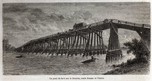 En træbro over Donau, mellem Passau og Wien, tegning af Lancelot, for at illustrere Victor Duruys rejse fra Paris til Bukarest i 1860. Indgravering i "" Le tour du monde"", redigeret af Edouard Charton af Dieudonne Auguste Lancelot
