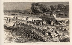 En træflåde på Donau, til transport af varer og mennesker, tegning af Lancelot, for at illustrere Victor Duruys rejse fra Paris til Bukarest i 1860. Indgravering i "" Le tour du monde"", redigeret af Edouard Charton
