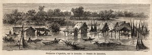 Fiskeriet i Apathin (Serbien), ved Donau. Tegning af Lancelot, for at illustrere hans rejse fra Paris til Bukarest i 1860. Indgravering i "" Le tour du monde"", redigeret af Edouard Charton af Dieudonne Auguste Lancelot