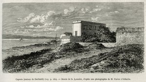 Giuseppe Garibaldis (1807-1882) hus i La Caprera (Sardinien), indgraveret efter en tegning af D.Lancelot, for at illustrere historien om Syrien i dag, af Mr.Lortet, dekan ved det medicinske fakultet i Lyon, anklaget for en videnskabelig mission af minister