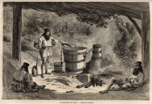 Fremstilling af rakiou, kornalkohol, slags snaps meget almindelig i Rumænien. Indgravering til illustration af rejsen fra Paris til Bukarest af Lancelot, tegner, i 1860, offentliggjort i "Le tour du monde, nouveau journal des voyages", under vejledningen
