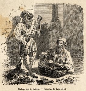 Fejemaskinerne i Orezu (Rumænien). Gravering til illustration af rejsen fra Paris til Bukarest af Lancelot, tegner, i 1860, offentliggjort i "Le tour du monde, nouveau journal des voyages", under ledelse af Edouard Charton af Dieudonne Auguste Lancelot