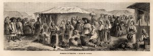 Den gående befolkning i Tesmevar (eller Timisoara) i Rumænien. Gravering til illustration af rejsen fra Paris til Bukarest af Lancelot, tegner, i 1860, offentliggjort i "Le tour du monde, nouveau journal des voyages", under ledelse af Edouard Charton