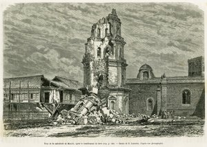 Tower of the Cathedrale of Manila, after the earthquake on July 18, 1880. Engraving by Lancelot to illustrate the story Lucon and Palaouan, six years in the Philippines, by Alfred Marchedani
