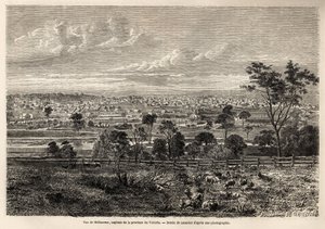 Udsigt over Melbourne (Australien), tegning af Lancelot, for at illustrere minderne om en fransk besættelsesmand i Australien, i 1854-1859, af M. de Castella. Stik i “” Le tour du monde”” 1861. Selvas samling.