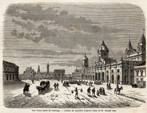 Udsigt over en plads i Santiago (Chile), tegning af Lancelot, for at illustrere rejsen til Sydamerika, i 1823, af Giovanni Mastai Ferretti (1792-1878, fremtidige Pius IX). Indgravering i "" Le tour du monde, nouveau journal des voyages"" Paris