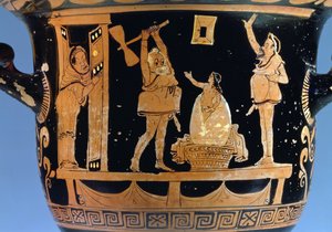 Klokkekrater med rød figur: dekorationsdetalje, der viser en scene fra et skuespil, apulisk keramikdetalje af 85027 af Dijon Painter