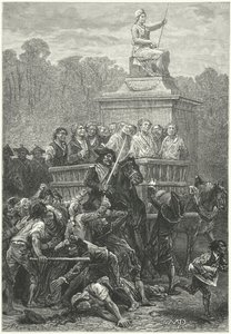 En tumbril fuld af fanger på vej til guillotinen, den franske revolution (gravering)