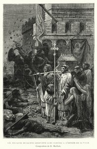 Relikvier af Saint Genevieve er båret ved indgangen til byen (gravering) af Diogene Ulysse Napoleon Maillart