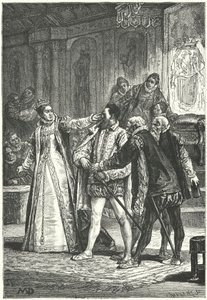 Jarlen af Essex truer med at trække sit sværd, efter at dronning Elizabeth I slog ham om øret for hans uforskammethed, 1598