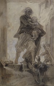 Markisen af Lantenac redder et barn, illustration fra Quatre-vingt-treize af Victor Hugo (1802-85) (blyant, farveblyant og gouache på papir)