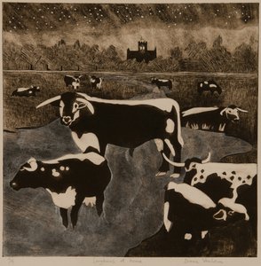 Longhorns på hjemmebane, 2017 (collagraph) af Dione Verulam