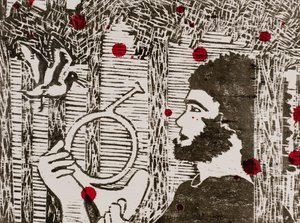 Siegfried, skovfuglene  drageblod, Wagners Ringcyklus, 2024 (træsnit) af Dione Verulam