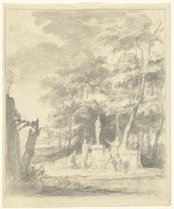 Arkadisk landskab med figurer omkring en statue af Dionys van Nijmegen (possibly)