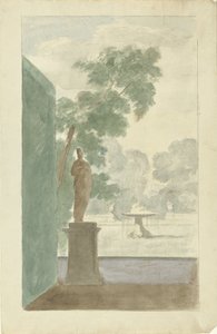 Design til en vægdekoration i en hal: Udsigt til en have med en statue, springvand og urner af Dionys van Nijmegen (possibly)