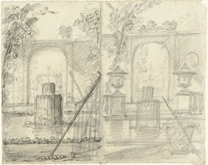 To designs til udsigt til haven med springvand og haveredskaber i forgrunden af Dionys van Nijmegen (possibly)