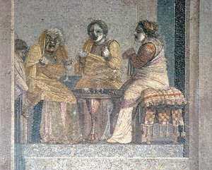 Romersk mosaik af scene fra leg med maskerede skuespillere, Villa of Cicero, Pompeji, c2. århundrede f.Kr. af Dioscurides of Samos