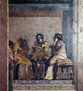 Romersk mosaik af scene fra leg med maskerede skuespillere, Villa of Cicero, Pompeji, c2. århundrede f.Kr. af Dioscurides of Samos