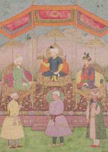 Mughal-kejser Babur og hans søn, Humayan, indisk miniature fra Rajasthan, 1500-tallet af Dip Chand