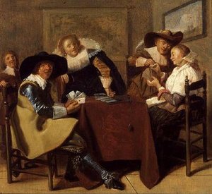 En elegant kortfest (olie på panel) af Dirck (attr. to) Hals