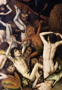 Helvede, detalje af en dæmon, der rammer de fordømte, ca. 1450