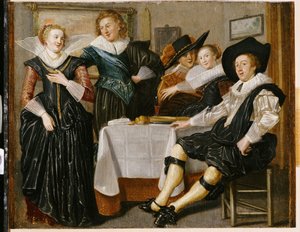 Et lystigt selskab i et interiør (olie på panel) af Dirck Hals