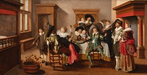 A Merry Making Company in an Interior, ca. 1615-25 (olie på panel)