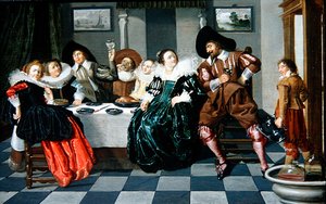 Elegant selskab ved et bord i et interiør (olie på panel) af Dirck Hals