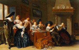 Elegante figurer med instrumenter siddende ved et bord og en ung dame, der synger i et interiør, 1637