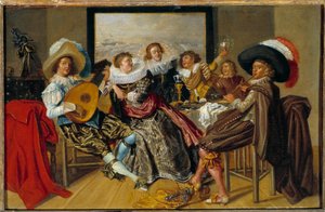 Galant møde Musikere og unge kvinder spiller musik og hæver deres briller til en fest. Maleri af Dirk Hals (1591-1656) 1625 søn. 0,3x0,46 m