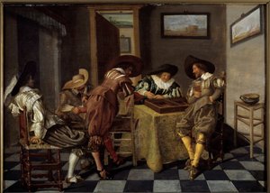 Delen af tri-trac (tri-trac: gammelt backgammon-spil). Maleri af Dirk Hals (1591-1656), ca. 1615-1625. Olie på træ. Mål: 0,38 X 0,53 m. Lille, Musee Des Beaux Arts - Tic-trac-spillere ("Trictrac: gammelt backgammon-spil). Maleri af Dirk Hals (159