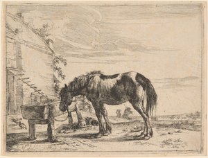 En hest bundet til et fodertrug af Dirck Stoop