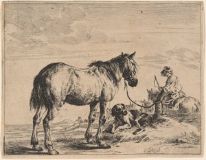 En hest bundet til en stolpe med en liggende hund af Dirck Stoop