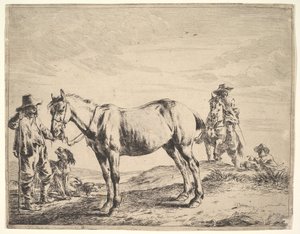 Mand holder en hest ved tøjlen.
