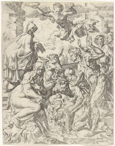Tilbedelse af hyrderne Menneskehedens fald og forløsning gennem Kristi liv og lidenskab (serietitel) af Dirck Volckertsz. Coornhert (attributed to)
