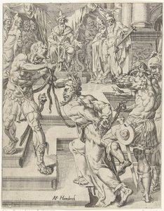 Kristus før Kajfas Menneskehedens fald og forløsning gennem Kristi liv og lidenskab (serietitel) af Dirck Volckertsz. Coornhert (attributed to)
