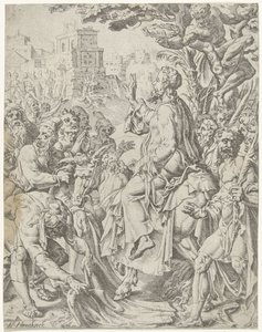 Indrejse i Jerusalem Menneskehedens fald og forløsning gennem Kristi liv og lidenskab (serietitel) af Dirck Volckertsz. Coornhert (attributed to)
