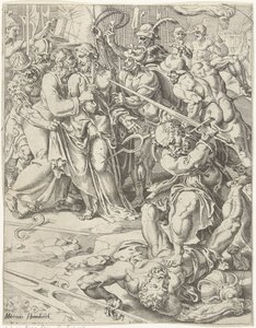 Judas Kys og Kristi arrestation Menneskehedens fald og forløsning gennem Kristi liv og lidenskab (serietitel) af Dirck Volckertsz. Coornhert (attributed to)