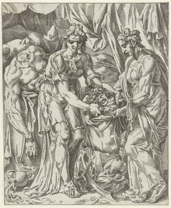 Judit lægger Holofernes hoved i en pose Judit og Holofernes (serietitel) af Dirck Volckertsz. Coornhert (attributed to)