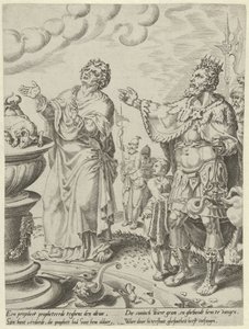 Kong Jeroboam og Guds mand foran alteret Historien om den ulydige Guds mand (serietitel) af Dirck Volckertsz. Coornhert (attributed to)