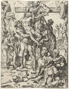 Nedstigning fra korset Menneskehedens fald og forløsning gennem Kristi liv og lidenskab (serietitel) af Dirck Volckertsz. Coornhert (attributed to)