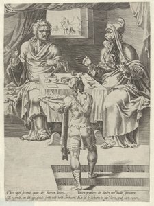 Måltid af Guds mand og den gamle profet Historien om den ulydige Guds mand (serietitel) af Dirck Volckertsz. Coornhert (attributed to)