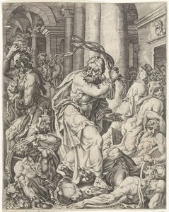 Udvisning af pengevekslerne fra templet Menneskehedens fald og forløsning gennem Kristi liv og lidenskab (serietitel) af Dirck Volckertsz. Coornhert (attributed to)