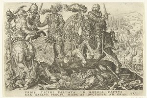 Tilfangetagelse af Frans I i slaget ved Pavia, 1525 Victories of Charles V (serietitel) Divi Caroli. v. imp. opt. max. victoriae, ex multis praecipuae (serietitel) af Dirck Volckertsz. Coornhert (possibly)