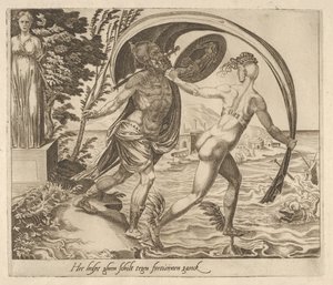 Et skjold er til ingen nytte, når Fortune vender ryggen til fra seks ordsprog om formue, ca. 1560. af Dirck Volkertsen Coornhert